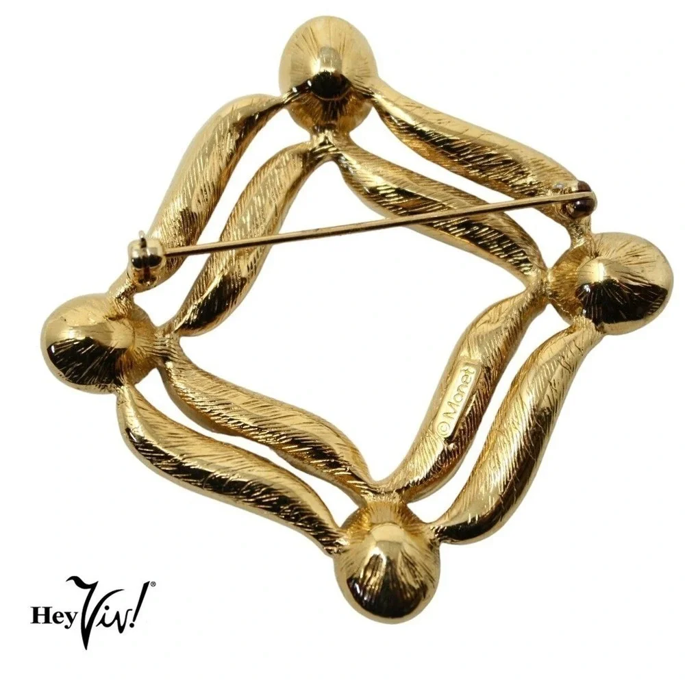 Vintage Signed Monet Pin Brooch Curvy Square w Rhinestones 2